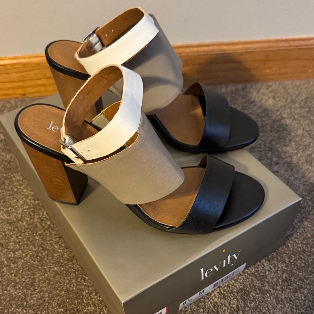 Levity Black and White Block Heel Sandals